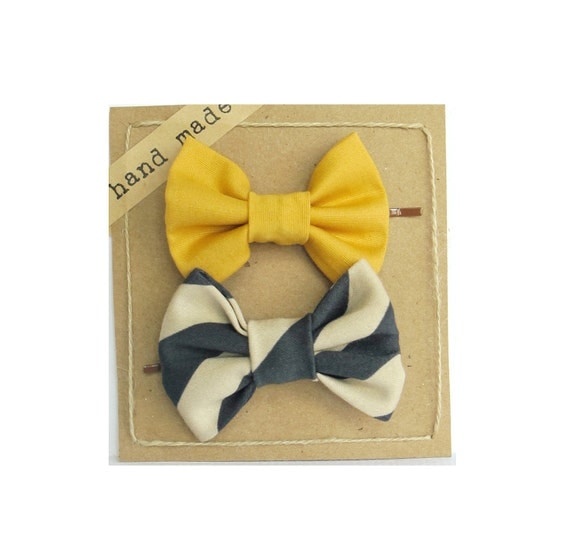 Hair bows - Set of Two Bobby Pins (Yellow Mustard and Navy Stripes)