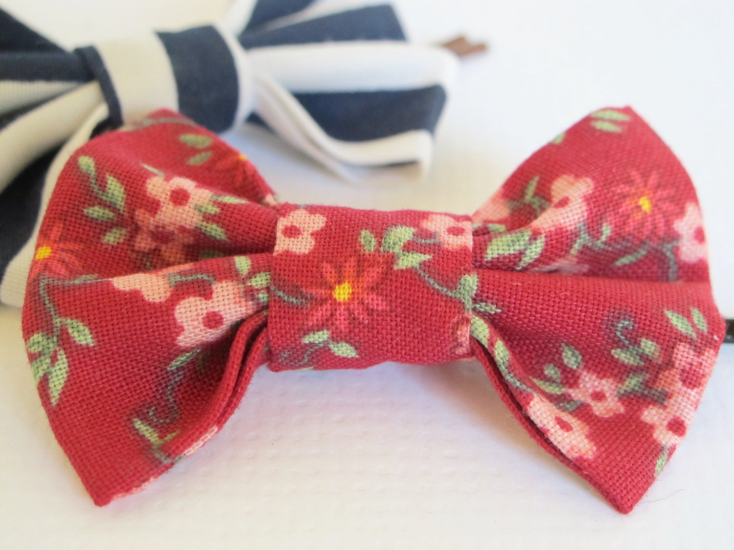 Hair bows - Set of Two Bobby Pins (Vintage Inspired Floral Red & Navy Blue Stripes)