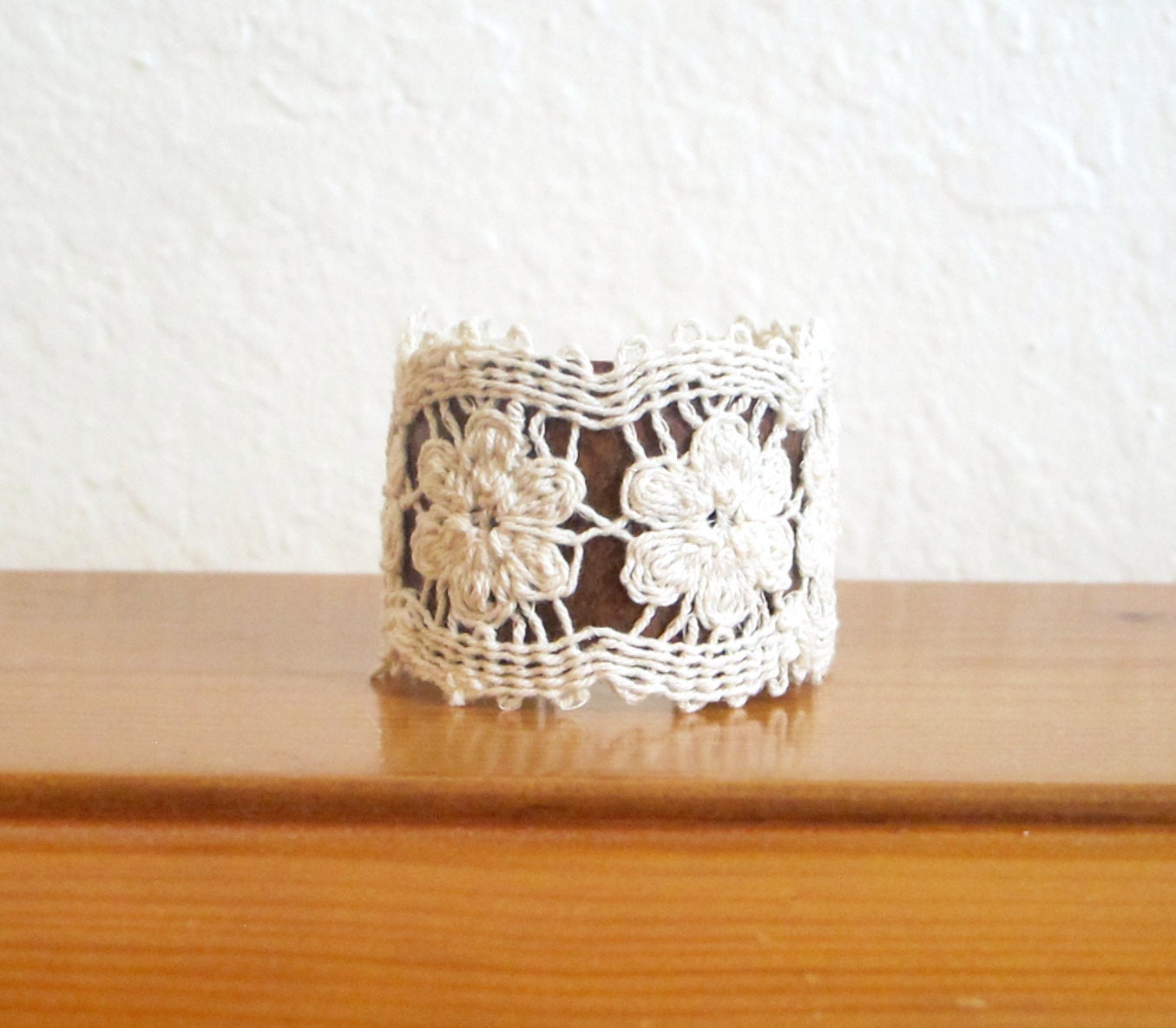 Lace Leather Bracelet - A romantic combination of white lace flowers with brown leather