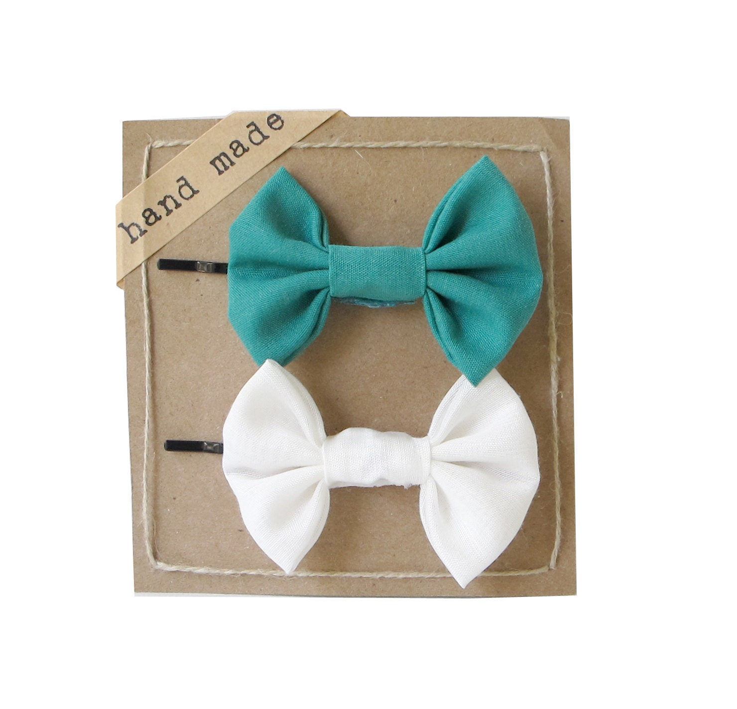 Green and White Hair bows - Set of Two Bobby Pins