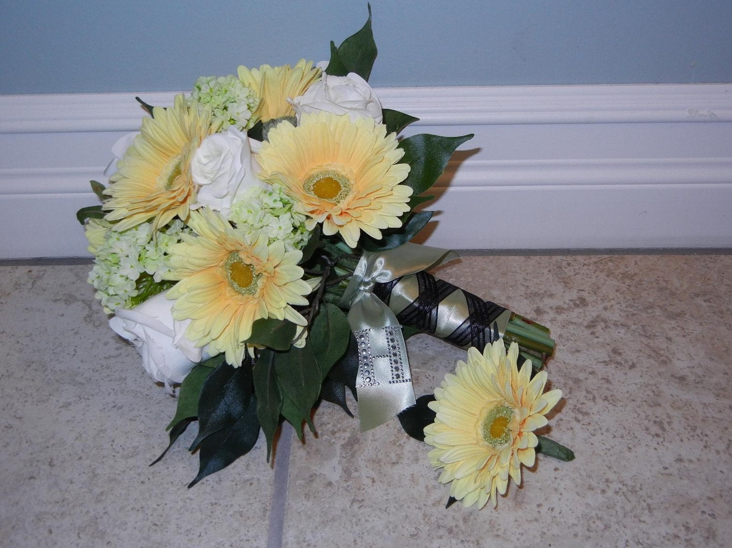 Bridal Bouquet & Boutonniere Gerber Daisies, Roses, Hydrangea
