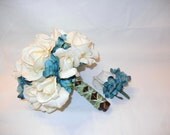 Real Touch Ivory Rose Bouquet with Aqua Hydrangea bloom accent Bridal Bouquet Wedding Flowers