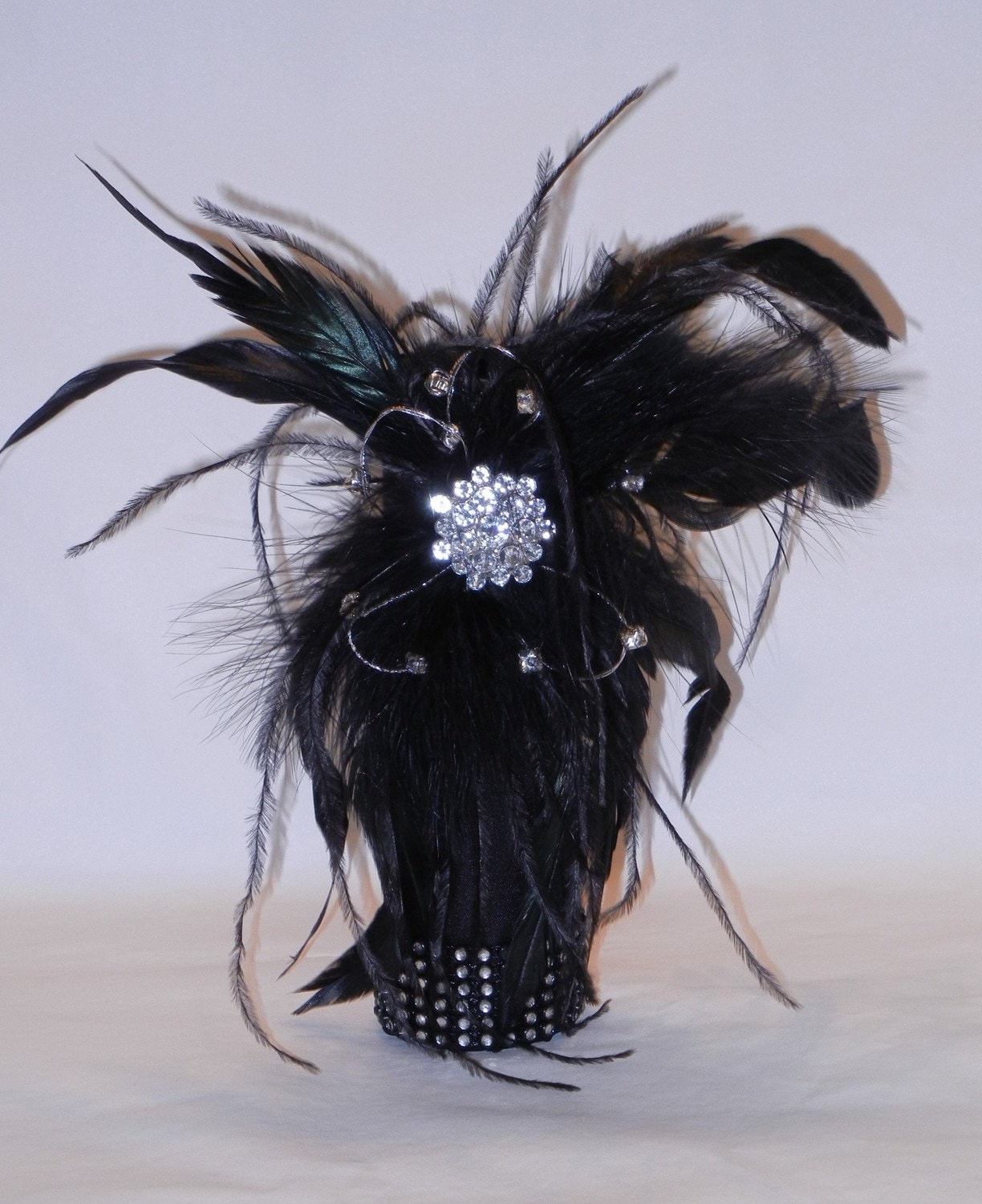 Large Black Bridal Bouquet Cuff Wrap Feathers, Rhinestones, Satin look