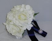 Real Touch Bridal Bouquet with White Real Touch Roses and Silk White Hydrangeas w/ Navy Ribbon
