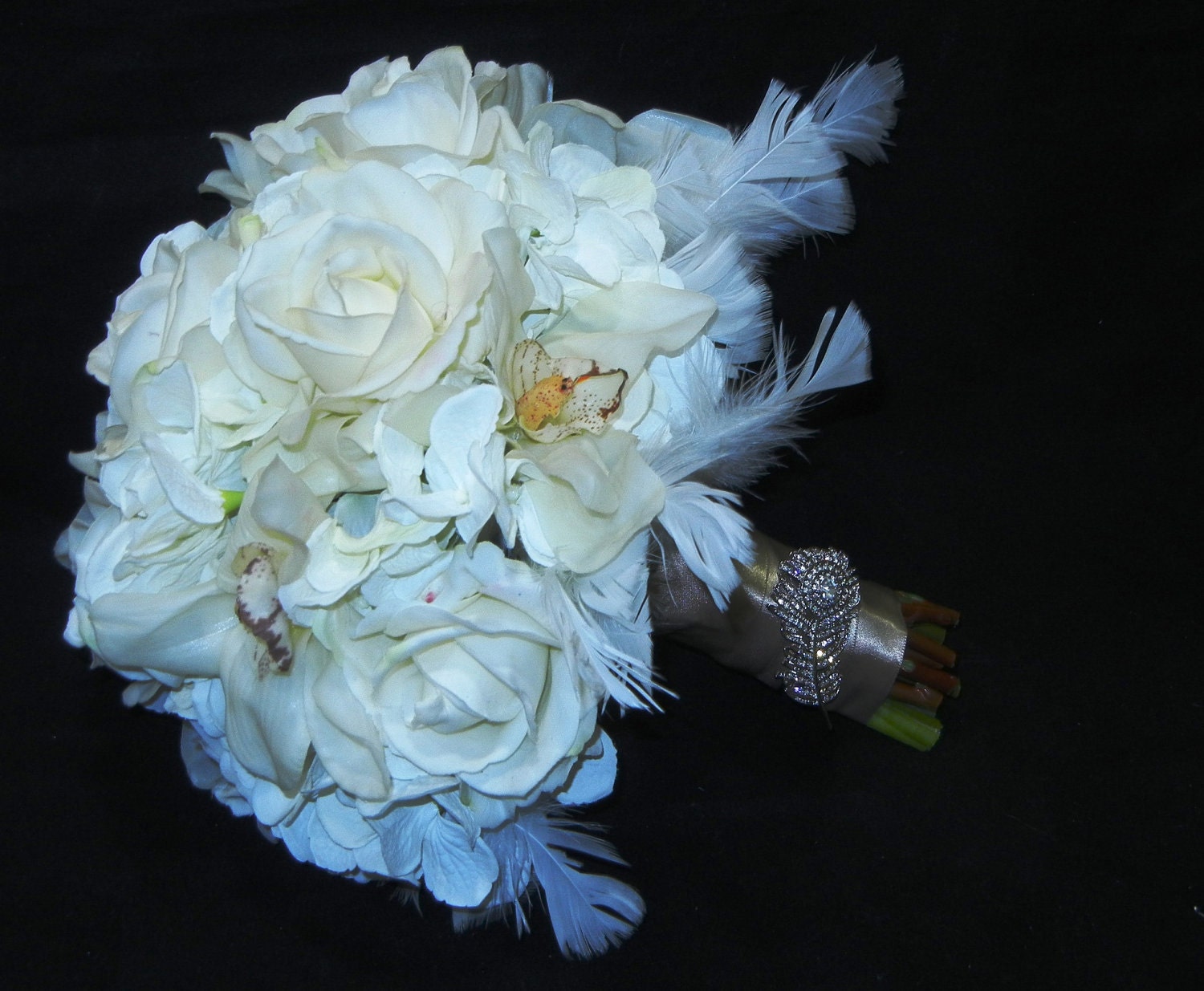 Bridal Bouquet with Real Touch White Roses, Orchids and Silk Hydrangeas