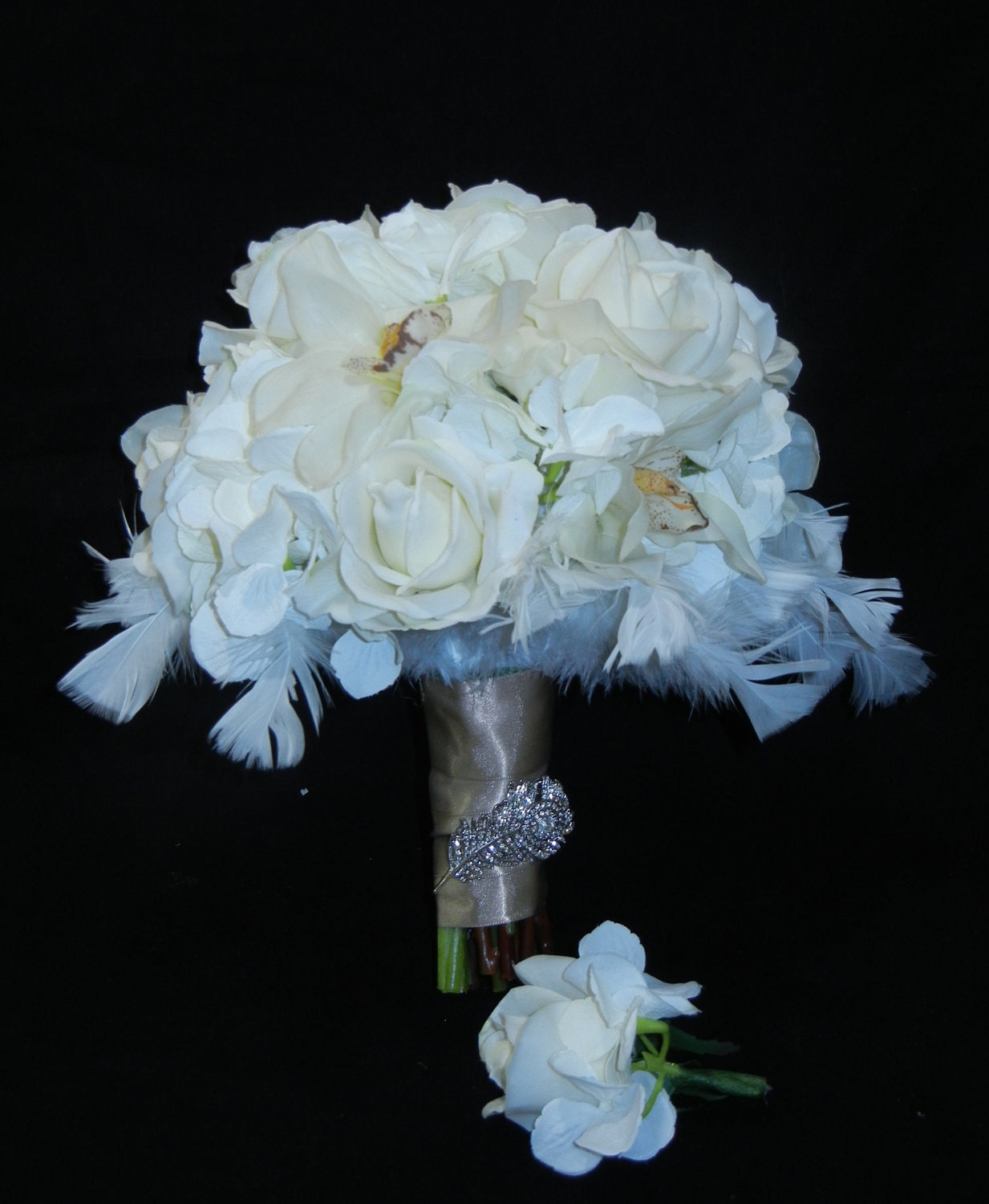 White Bridal Bouquet with Real Touch Roses, Orchids and Hydrangeas and boutonniere
