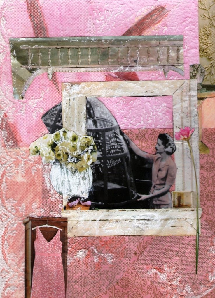 Rosie the Riveter Vintage Inspired Art: "St. Rosie at the Pink Lace Windowsill" Women's History Mixed Media and Vintage Photo Collage Print