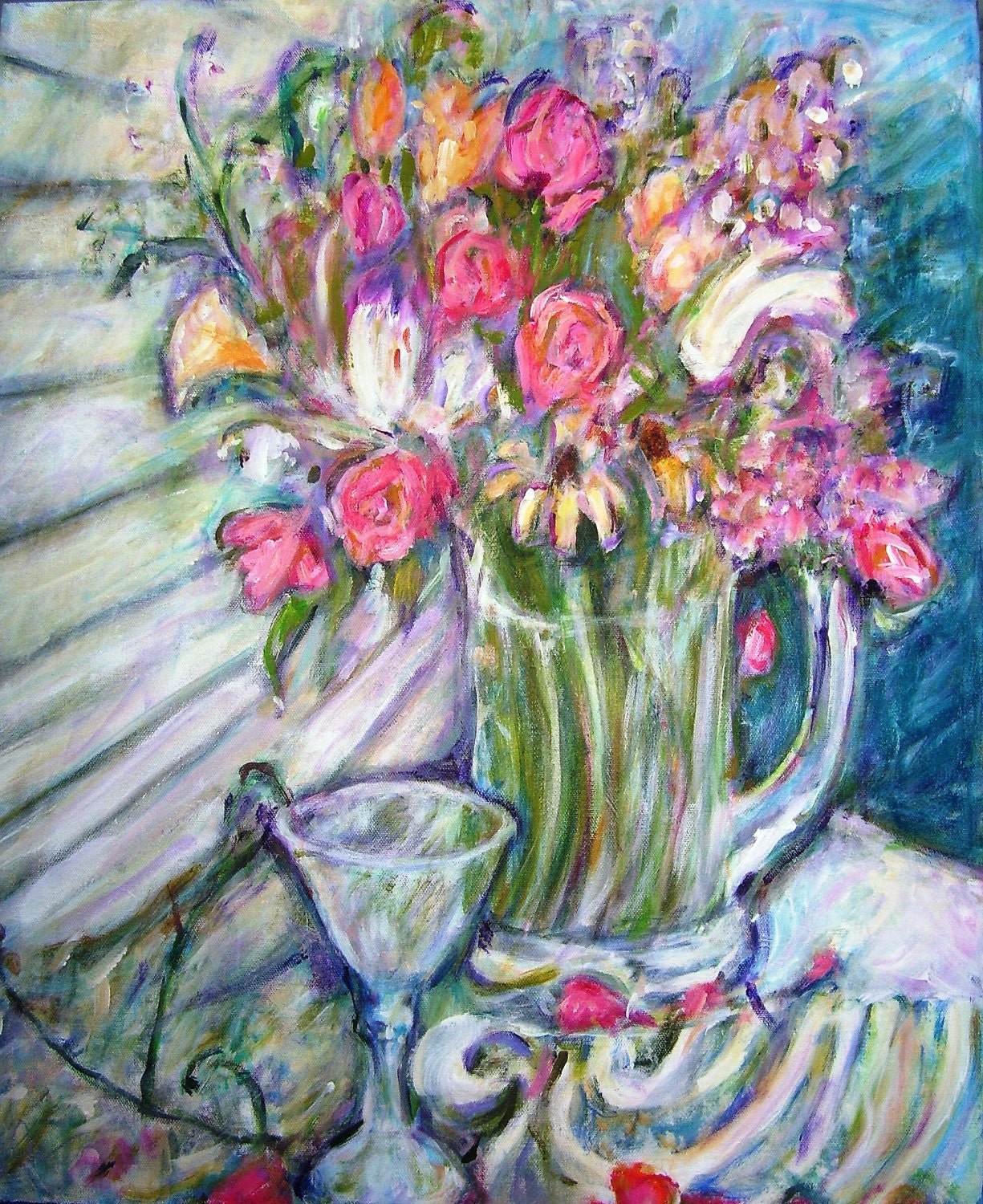 Cottage Chic Spring Decor Print with. Roses, Lilies in a Vase: 81/2 x 11 art PRINT "Still Life with Roses and LIlies"