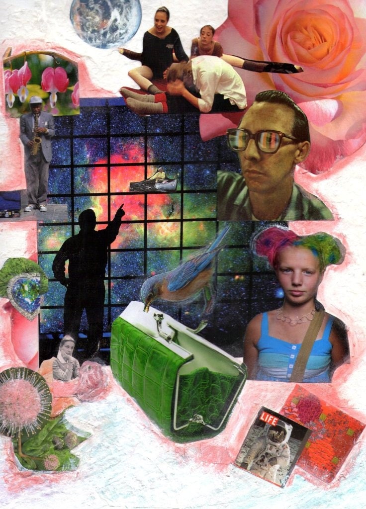 Vintage, Punk, Jazz, and Seventies Science Art: "An Astronomer Explains that the Center of the Universe is Fuschia" Mixed Media Print