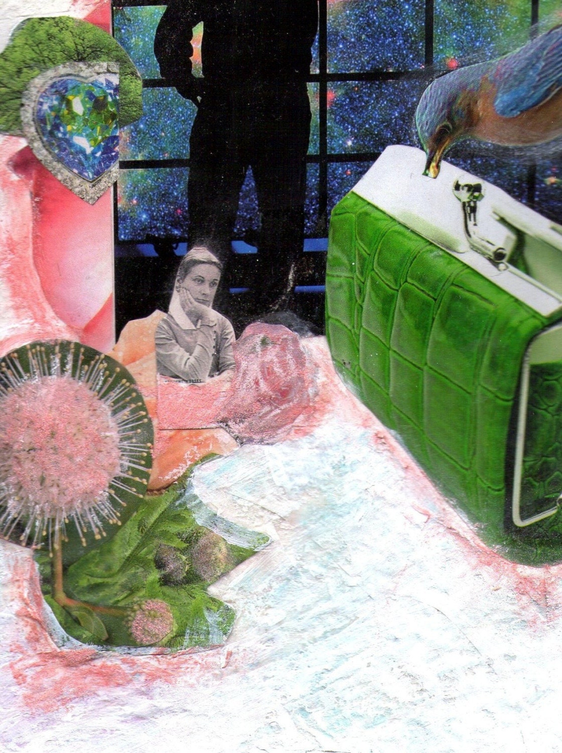 Vintage, Punk, Jazz, and Seventies Science Art: "An Astronomer Explains that the Center of the Universe is Fuschia" Mixed Media Print