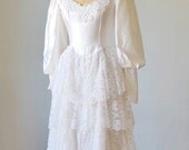 Wedding Dress /  Gown / Hand made / Silk Satin / Lace / Ruffles /  White Long / Vintage