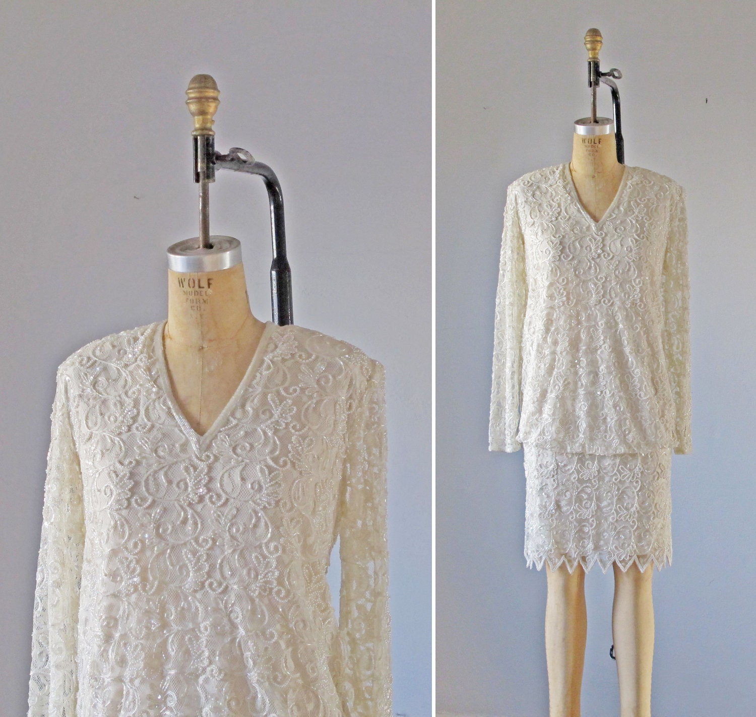Sequin Dress / Wedding / Lace / Silk  / Party / Ivory /  Beaded / Vintage 60s