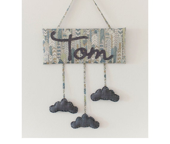 Liberty custom name sign for boys door/nursery/room blue denim pattern cloud