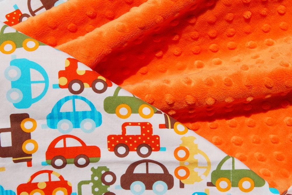 Minky Baby Blanket for your Baby Boy -Ready Set Go Cars in Bermuda with Orange Minky - Ready to Ship