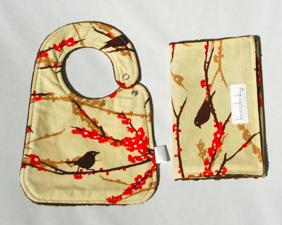 Baby Bib and Burp Cloth Set - Chocolate Minky Bib and Burp Cloth in Bark Aviary Sparrows by Joel Dewberry - Ready to Ship