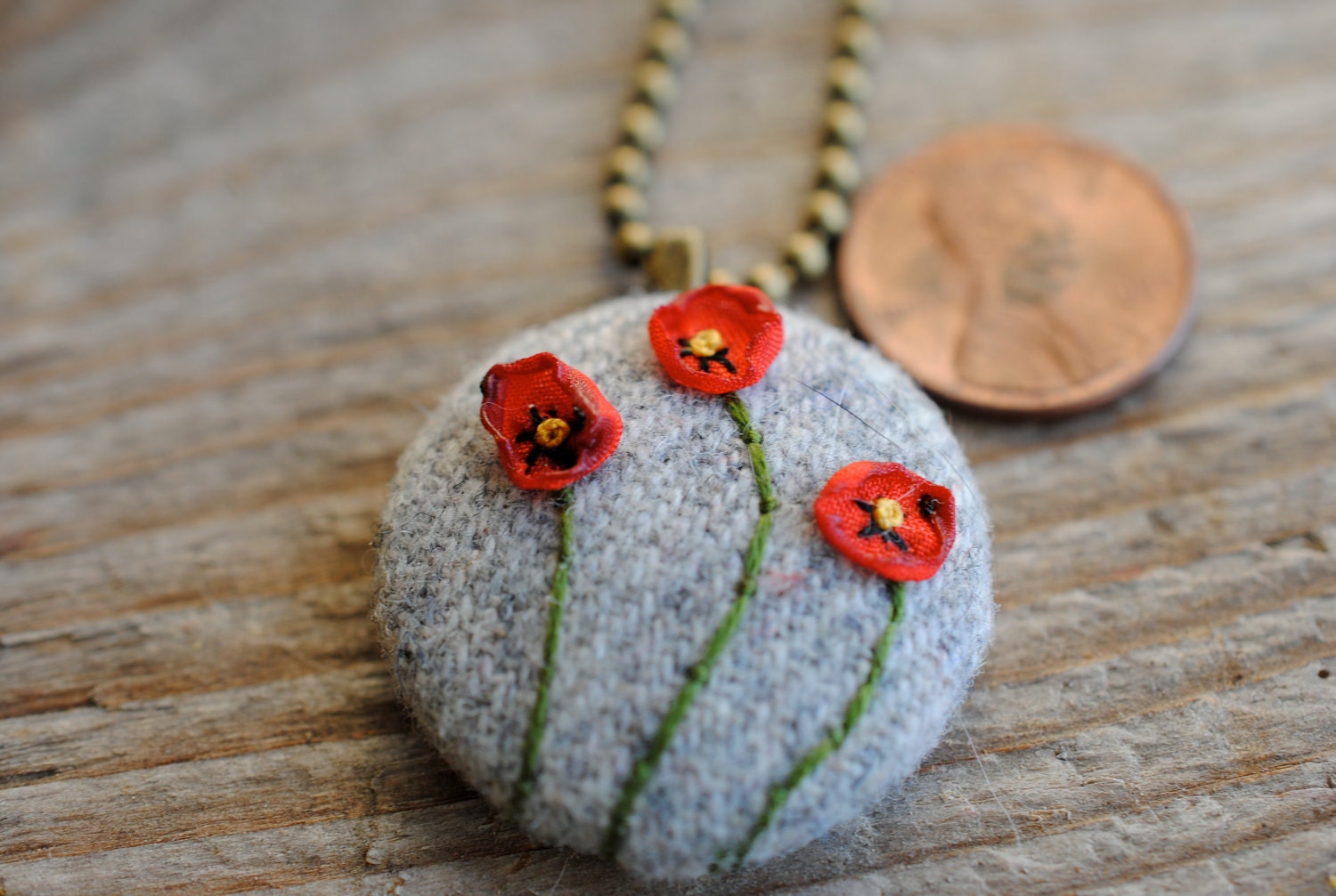 Woodland Holiday Poppy Necklace, gray wool with red embroidered flowers,