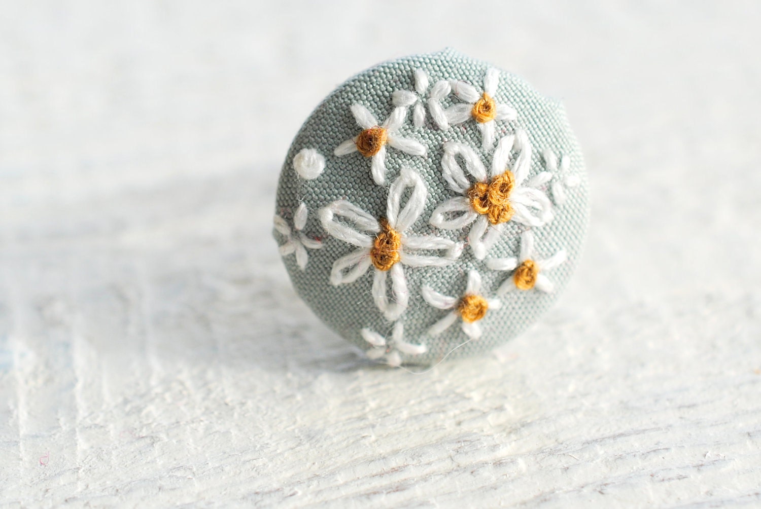 Mint Daisy Ring, Embroidered Ring, white and mustard, vintage silk