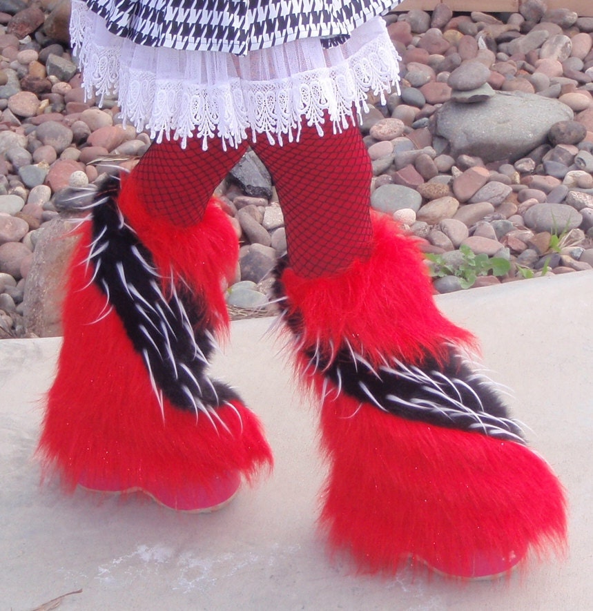 EDC sALe- Furry Boot Covers, Red Sparkle , UV BLack White Spikes Swirl, Kandi Kane Style Go Go Fluffies