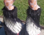EDC sALe- Furry Boot Covers, Black Sparkle , UV White with Black Spikes Swirl, Kandi Kane Style Go Go Fluffies