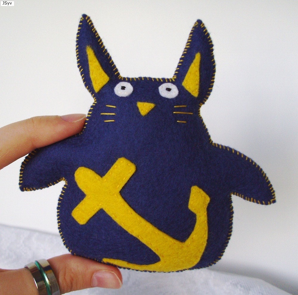 Small Navy Blue Wool Rabbit Plushie Hand Sewn with Anchor