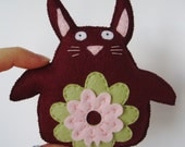 Small Felt Rabbit Plushie Merlot Red with Green Pink Flower