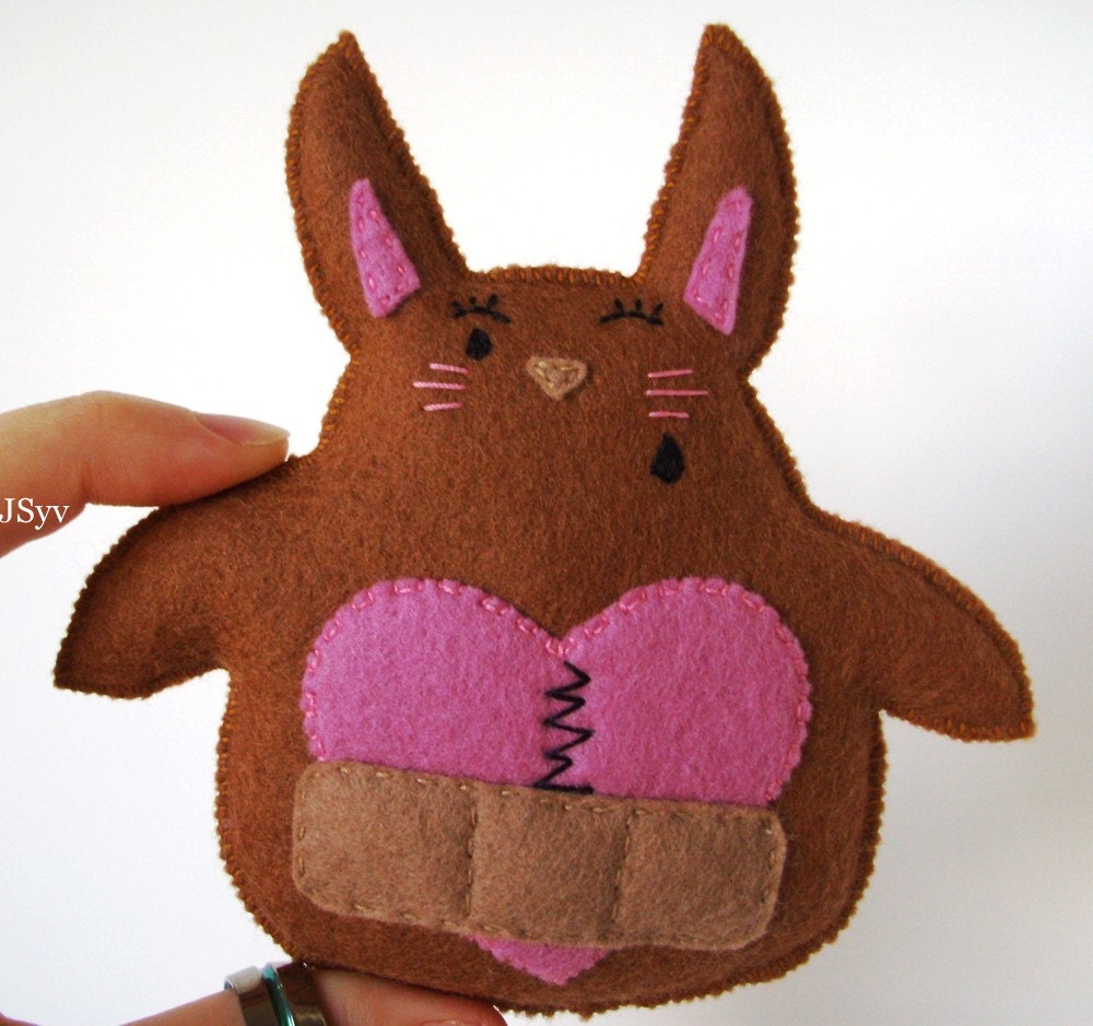 Wounded Valentine For the Ones Flying Solo this Year, Wool Felt Rabbit Plushie Brown Broken Hearted on the Mend