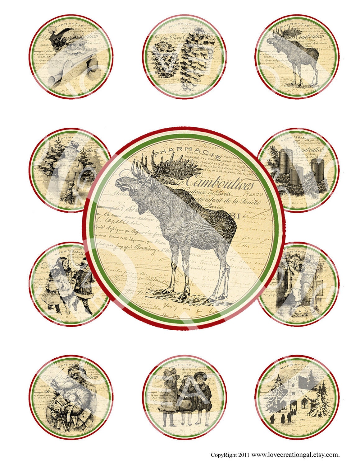 Vintage Christmas Santa Deer Snowman Tree Girl Boy Party Children Cupcake Topper Circle Label gift Tags Stickers Digital Collage Image Sh209