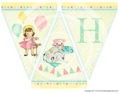 Printable Vintage Girl Children Tea Teapot Cup Baby shower Party Celebrate Handmade Banner Flag Burlap Postcard Digital Sheet Images Sh245
