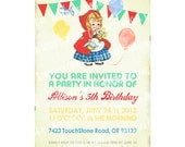 Digital PRINTABLE Vintage Little Red Riding Hood Girl Bird Celebrate Birthday Tea Party Children Banner Balloon Invitation Cards IN37