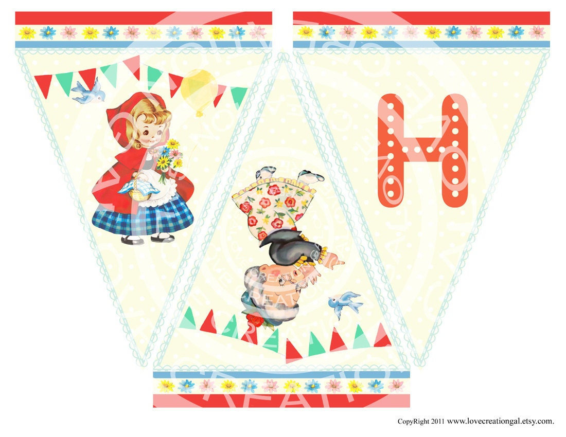 Digital PRINTABLE Vintage Little Red Riding Hood Girl Bird Grandma Birthday Tea Party Children Banner Flag Burlap Sheet Images Sh267