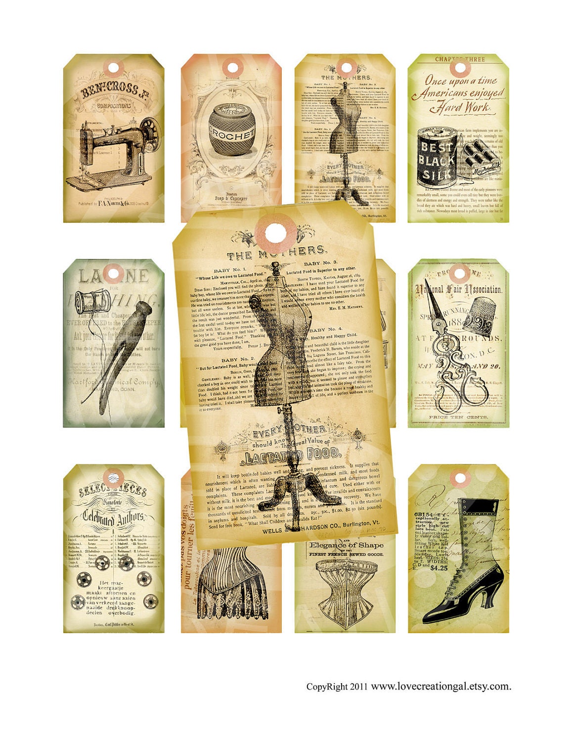 Vintage Shabby Chic Dress form Sewing machine Buttons thread Clothes pin Gift Price Tags Paris ACEO Cards Digital Collage Sheet Images Sh137