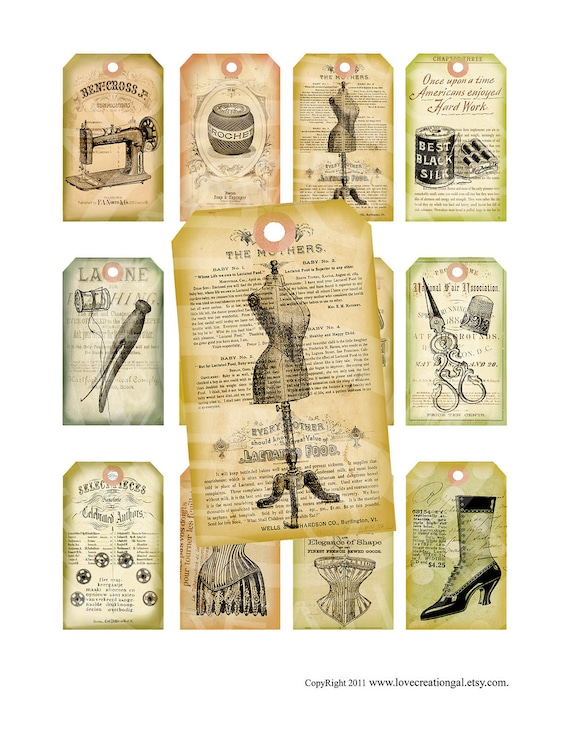 Vintage Shabby Chic Dress form Sewing machine Buttons thread Clothes pin Gift Price Tags Paris ACEO Cards Digital Collage Sheet Images Sh137