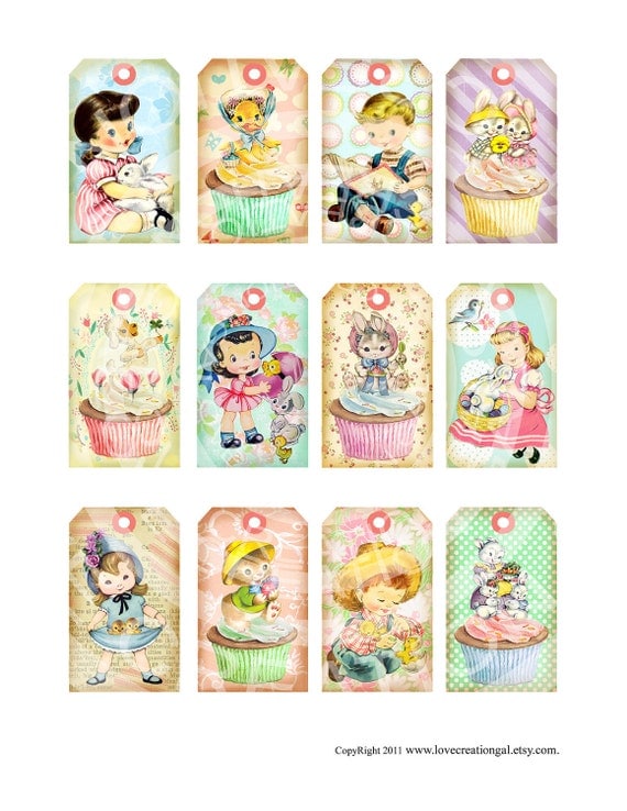 Vintage Shabby Chic Easter Bunnies Chick Boy Girl Children Handmade Cards Tea gift Tags Digital Party Favor Banner clip art Images Sh242