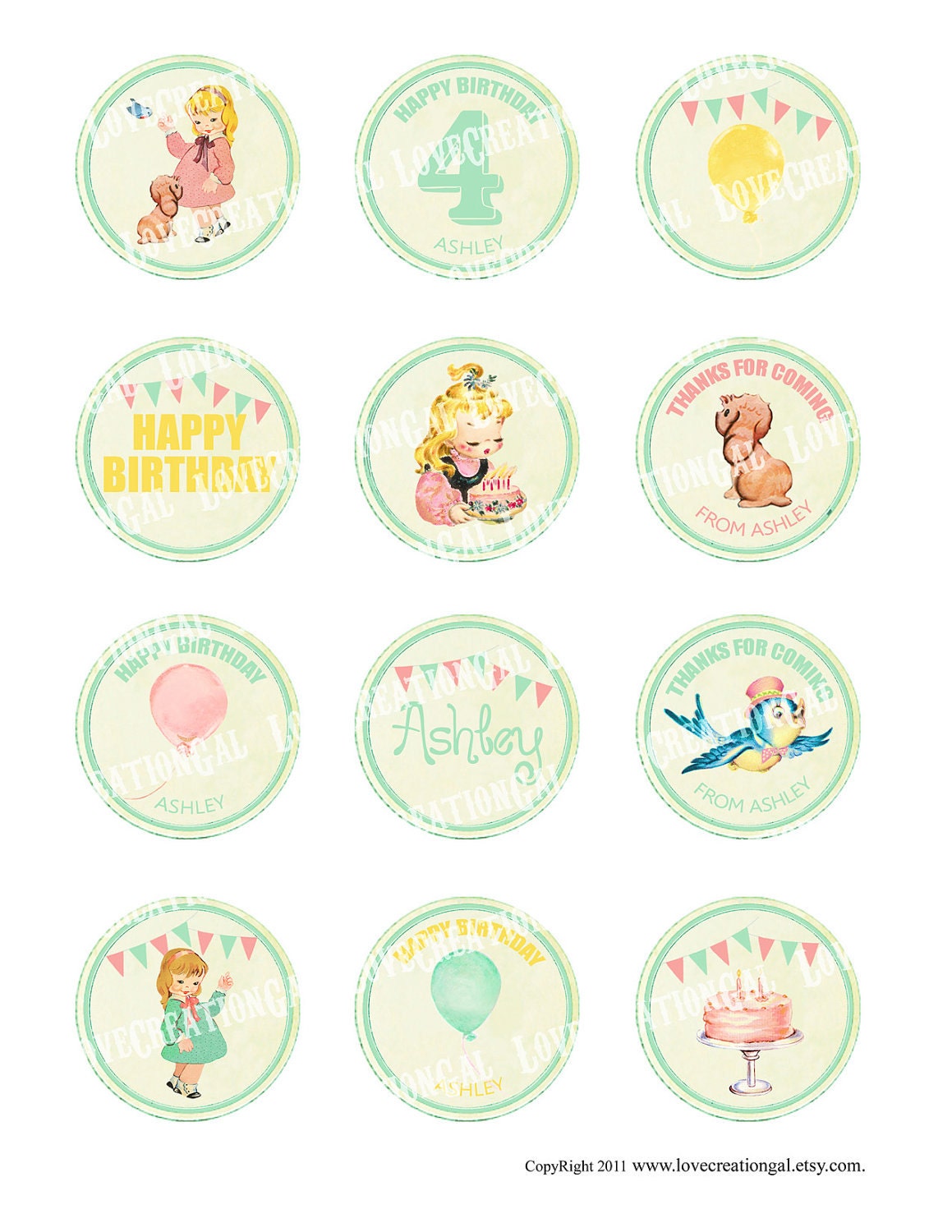 Digital PRINTABLE Vintage Birthday Tea Party Package Set Girl Daughter Princess Celebrate Banner Nursery Invitation Label Card Tag PP03