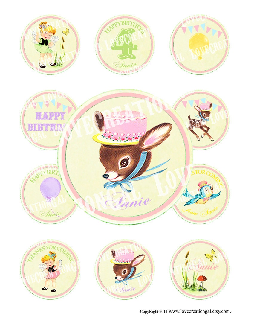Digital PRINTABLE Vintage Woodland Fairy Girl Deer Bird Birthday Tea Party Cupcake Cake Topper Circle Label Tags Sheet Images Sh266