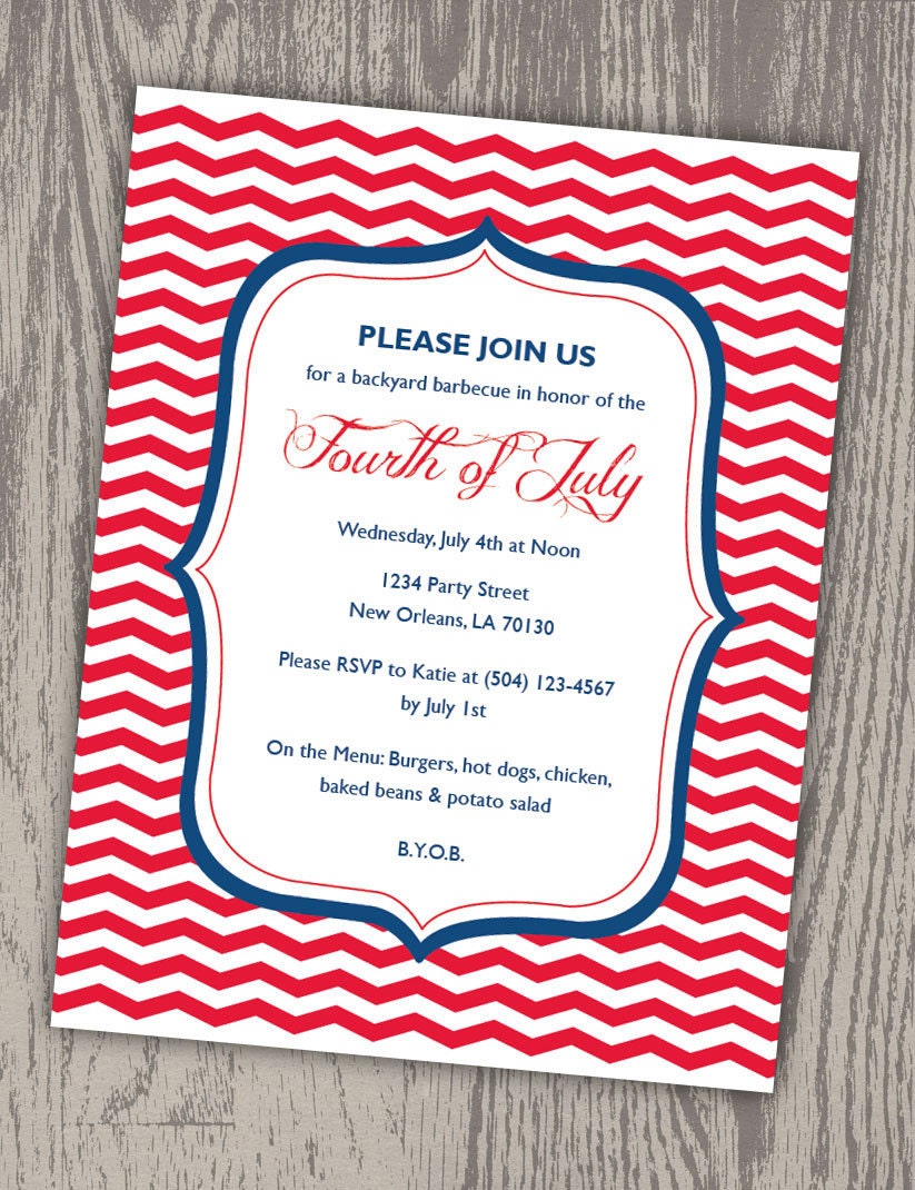 Customizable Red, White & Blue Chevron Zig Zag Stripe 4th of July, Birthday or Party Invitation - Digital File