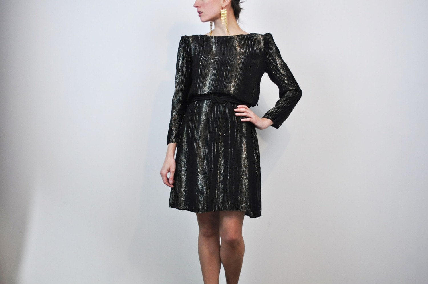 Strung out on Metallics Black Dress Little Glam 70s 80s Sexy Medium
