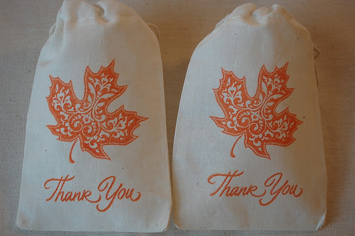 10 Muslin Favor Bags - Orange Autumn Leaf Thank You Drawstring Organic 3x5 gift bags Great for Weddings Il_170x135