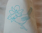 10 Teal Blue cardinal on a branch Organic Muslin Cotton Favor Gift Bags - Perfect for Weddings and Parties - Choose your own ink color Il_170x135