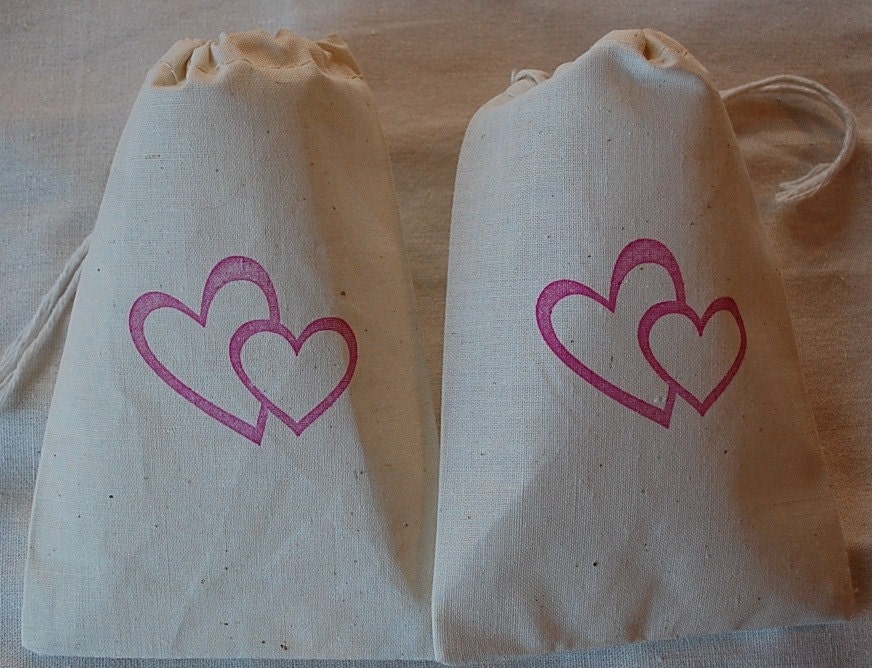 10 Wedding Favor Bags - Pink Double hearts Organic Cotton Gift Bags 4x6 Great for Weddings - You choose color of ink Il_170x135