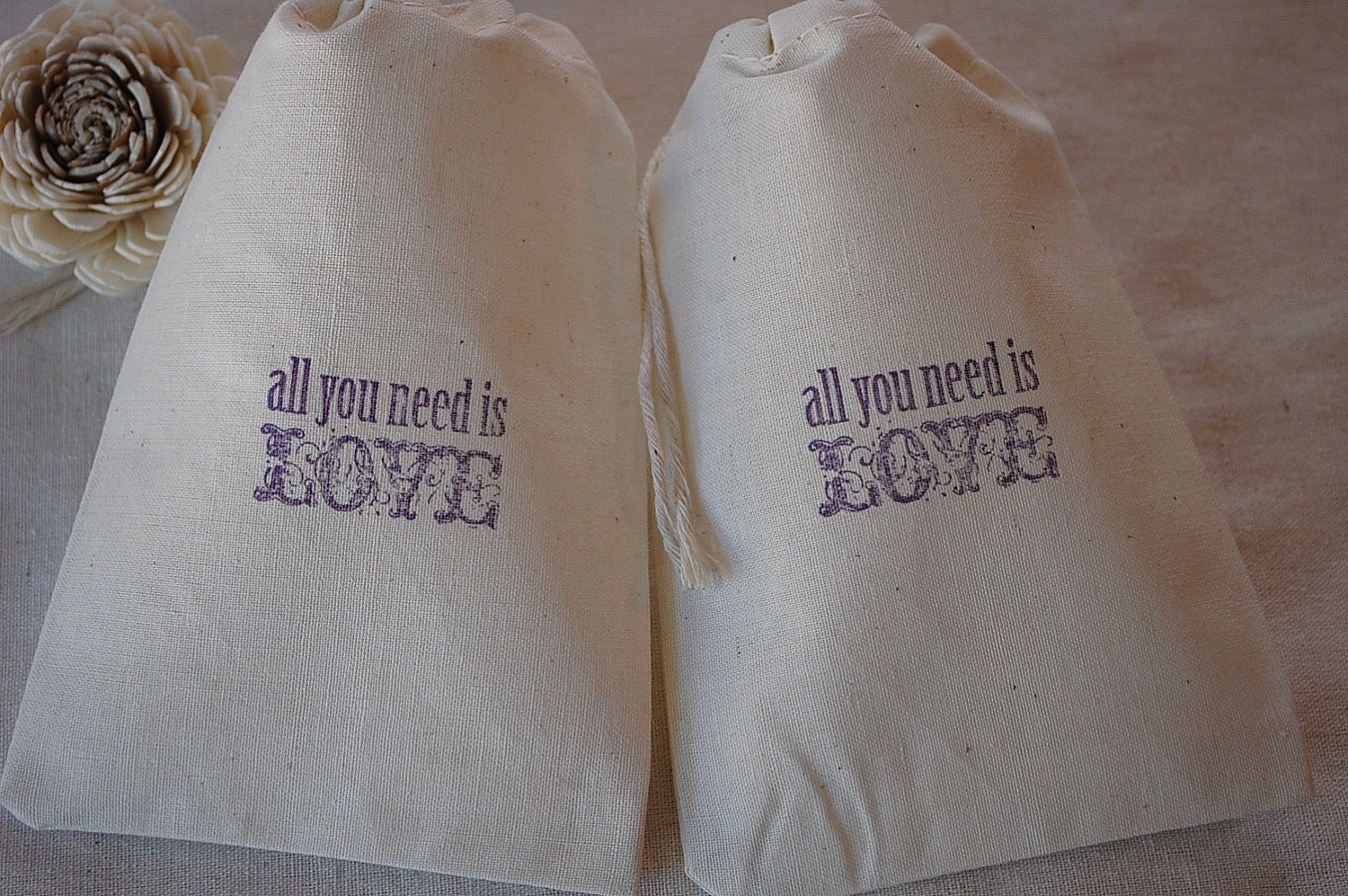 10 Purple All You Need Is Love Organic Muslin Cotton Favor Gift Bags 4x6 - You choose ink color Il_170x135