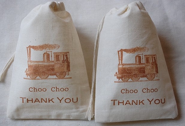 10 Vintage Choo Choo Thank You Train Birthday Party Organic Muslin Cotton Favor Gift Bags 4x6 Il_170x135