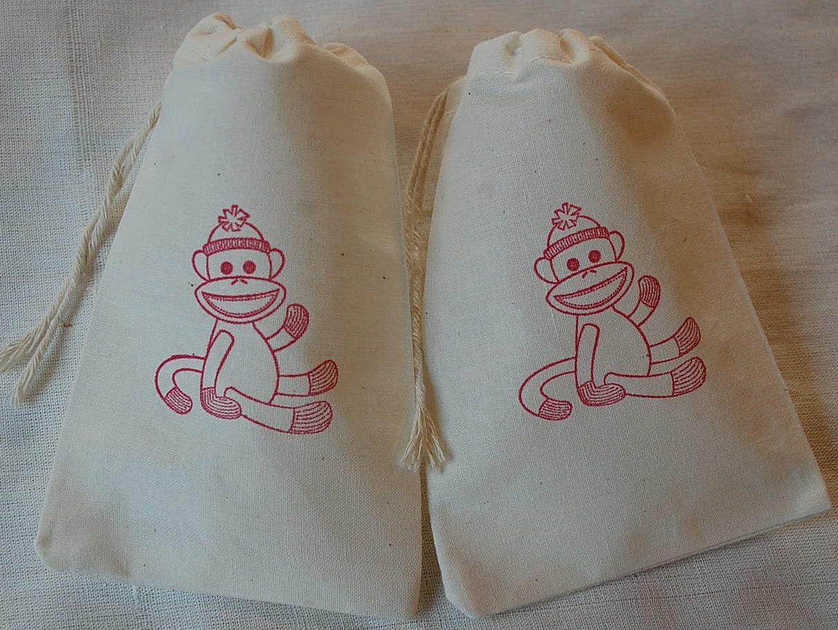 10 Sock Monkey Organic Muslin Cotton Favor Gift Bags 4x6 Hand Stamped in Red Il_570xn