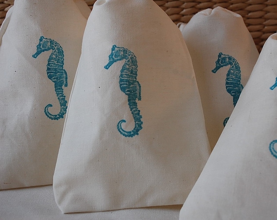 10 Teal Seahorse Muslin Favor Gift Bags - Organic Cotton Drawstring Gift Bags 5x7 Il_570xn