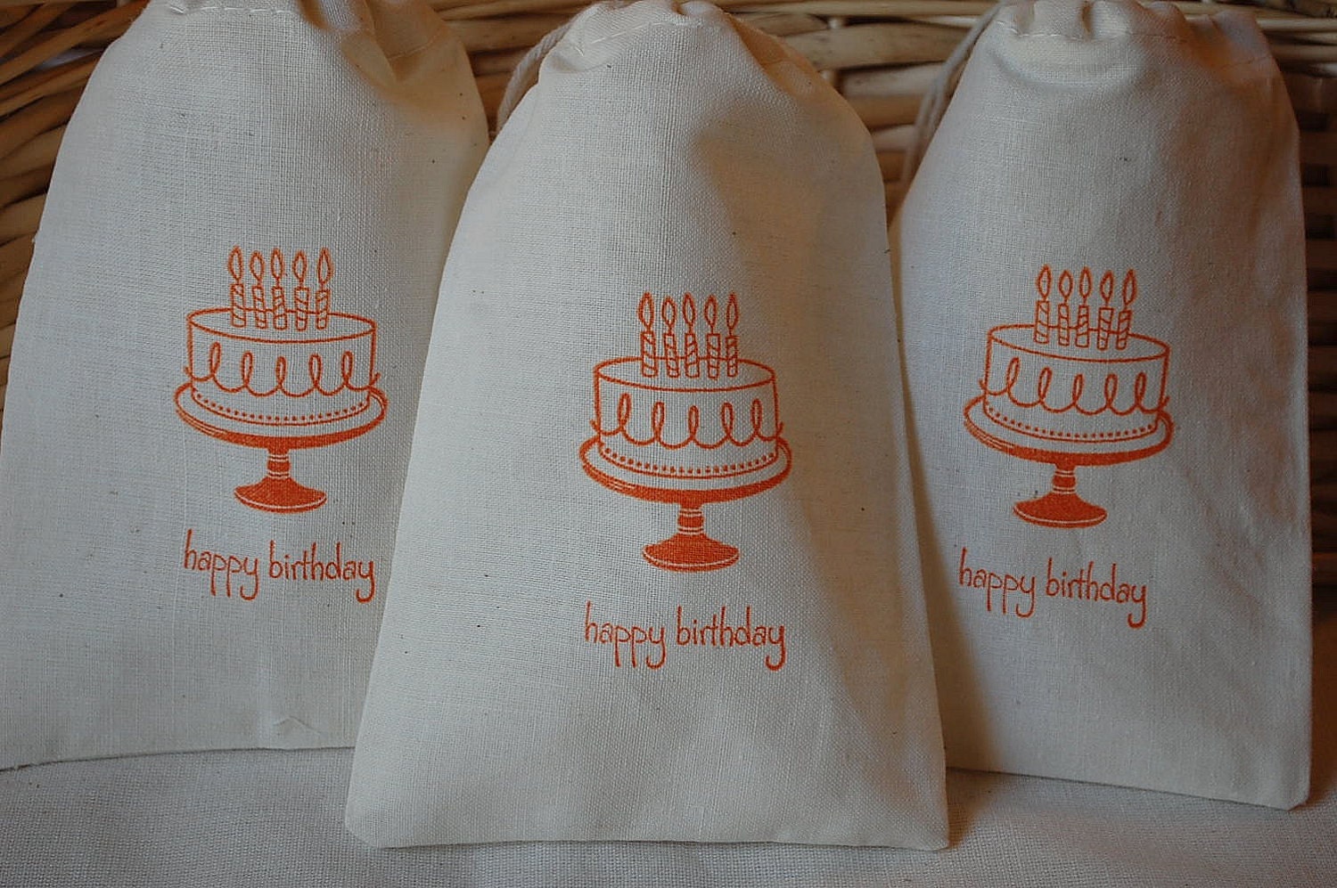 10 Happy Birthday Cake Hand Stamped Organic Muslin Favor Gift Bags 4x6 in Orange Il_570xn