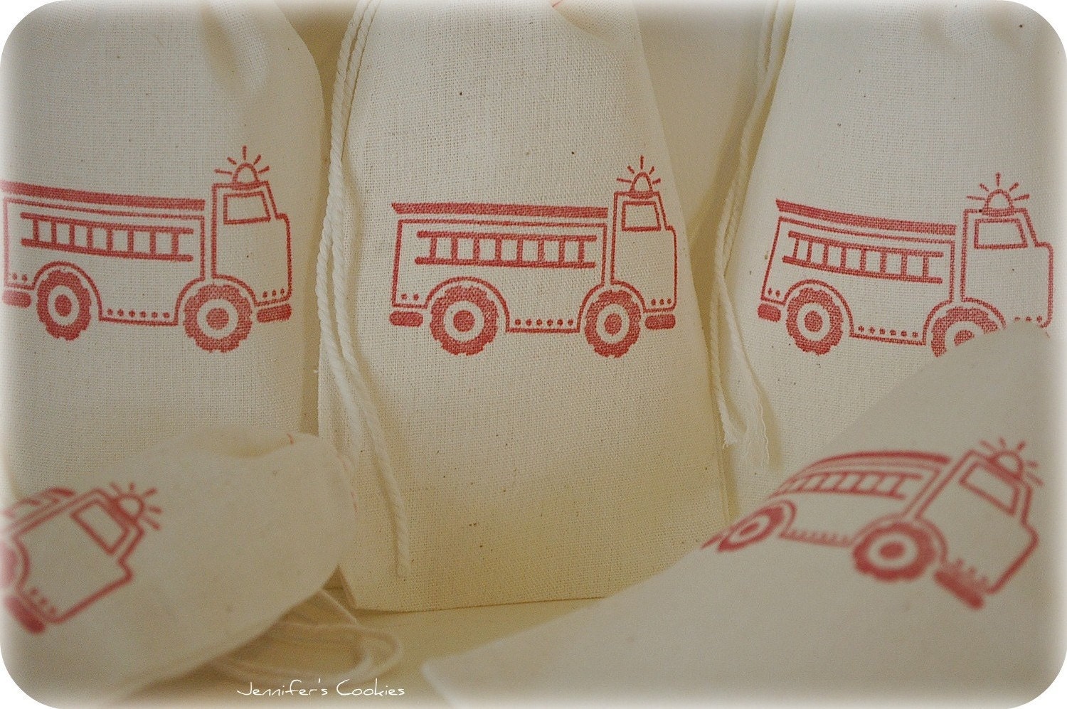 10 Red Fire Truck Organic Muslin Cotton Favor Gift Bags with Drawstrings 4x6 Il_570xn