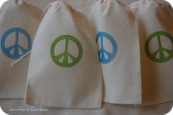 10 Blue and Lime Green Peace Sign Drawstring Muslin Favor Gift Bags 4x6 Il_570xn