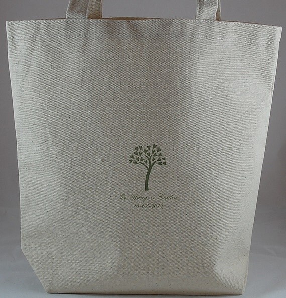 10 Personalized Wedding Natural Cotton Canvas Tote Bags - Olive Green Tree of Love, Bride and Groom Names and Date Il_570xn