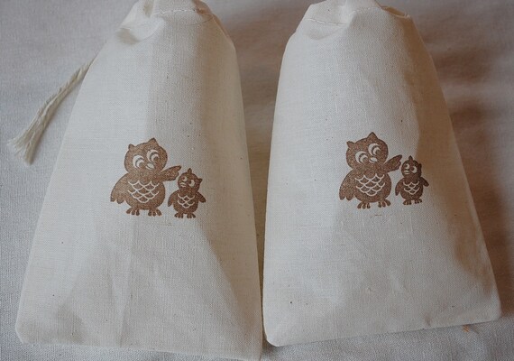 10 Woodland Owls Favor Bags - Organic Muslin Cotton 4x6 gift bags Great for Weddings & Birthday Parties Il_570xn