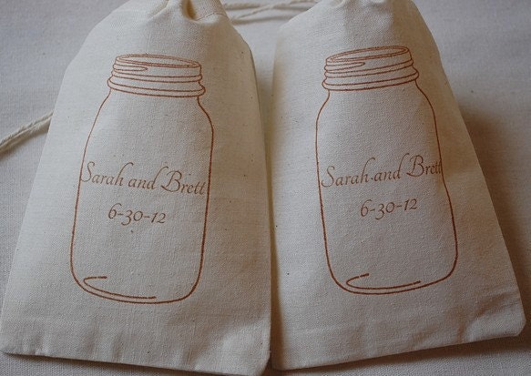 75 Wedding Favor Bags - Personalized Mason Jar - Organic Muslin Cotton - 4x6 with Bride and Groom names and Date Il_570xn